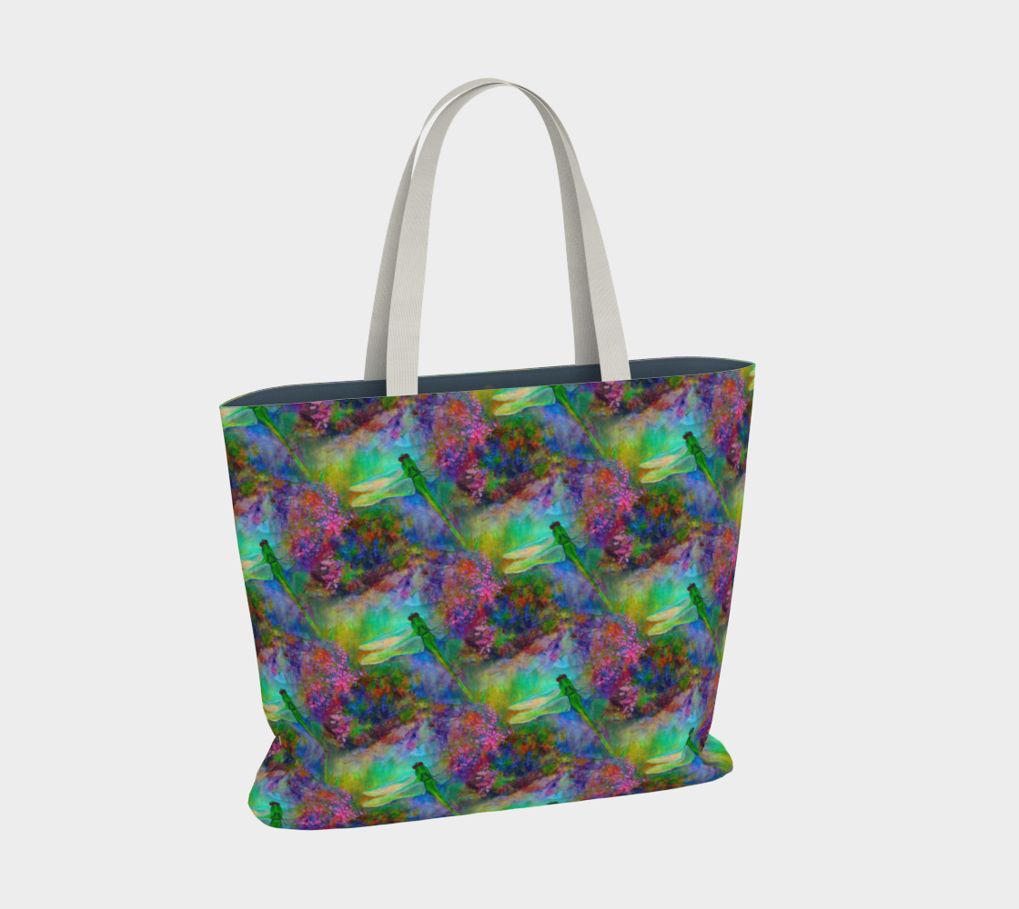 Large Canvas Tote with Pockets, Dragonfly Art, Gift for Gardener, Reusable Tote Bag, Art Tote